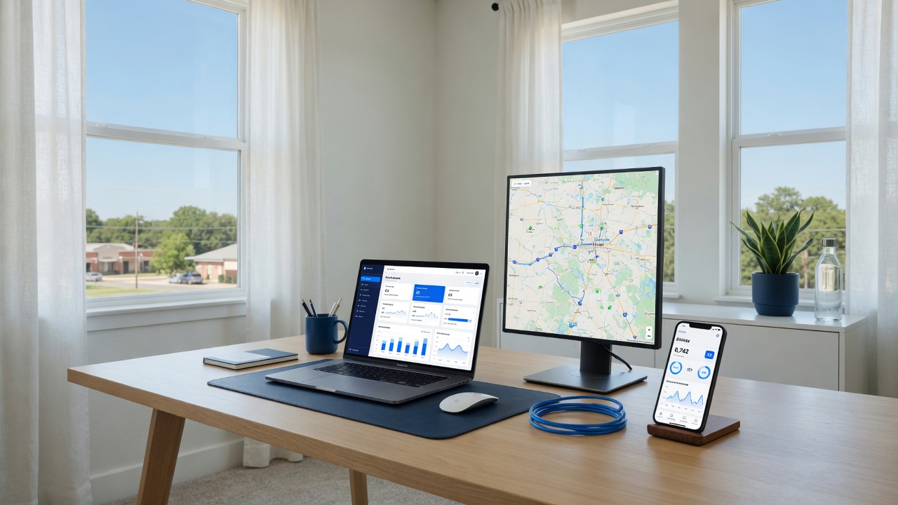 P MAJ LABS studio desk with product dashboards on laptop, monitor, and phone
