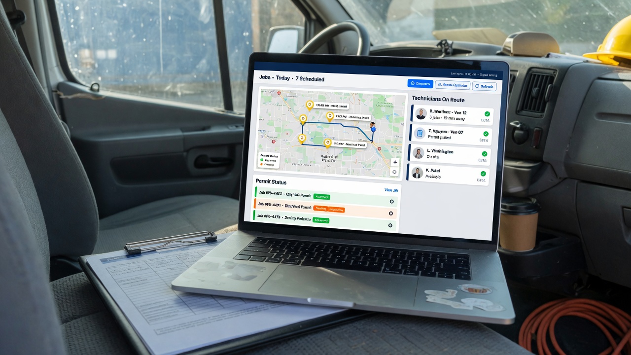 Jobs In Order dispatch board on a laptop in a contractor van