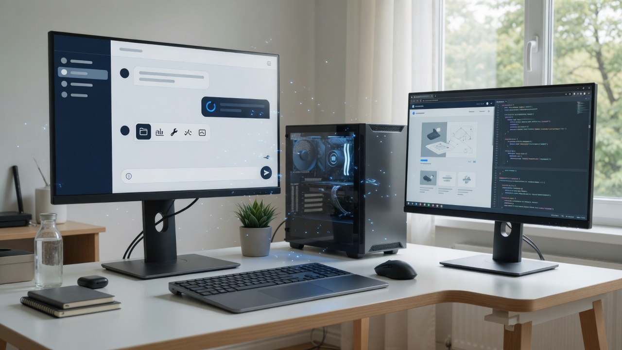 Local Agent X workstation with dual monitors, agent chat, and a local PC