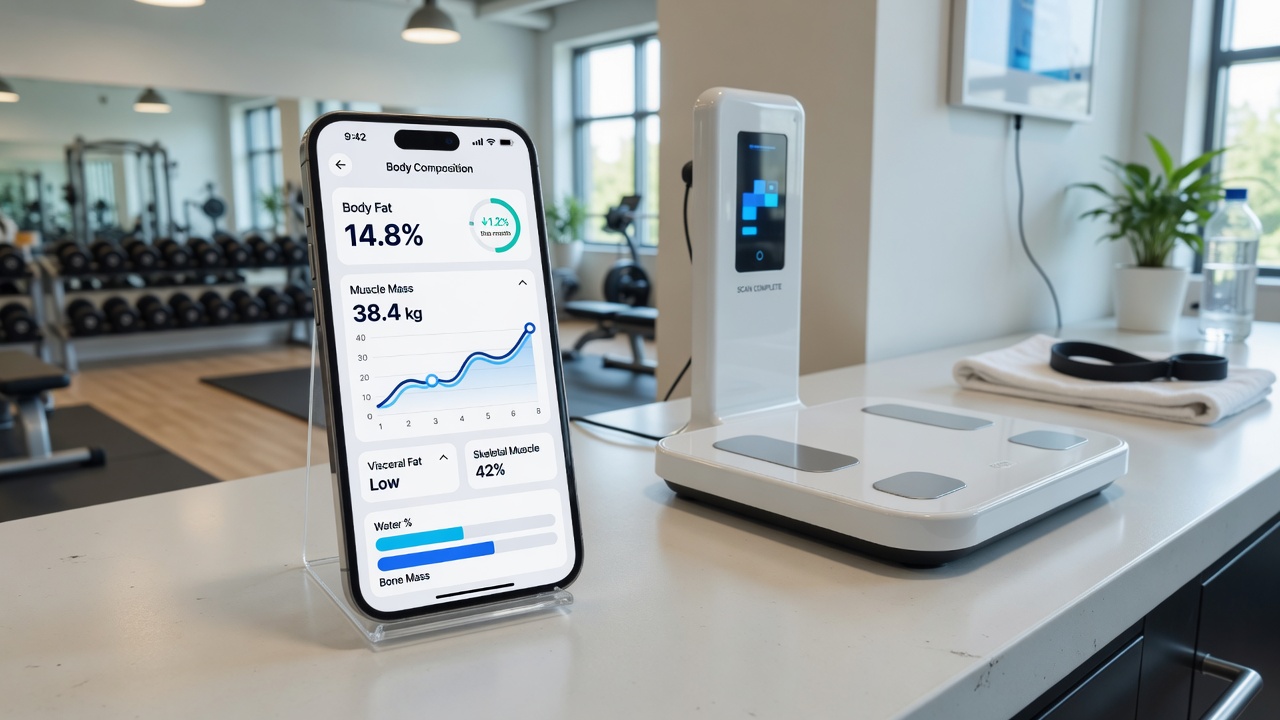 ScanProgress on a phone next to a body composition scanner in a gym